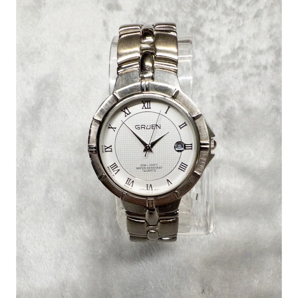 Gruen Silver Tone Unisex 37mm Watch Date Function New Battery Cleaned Polished